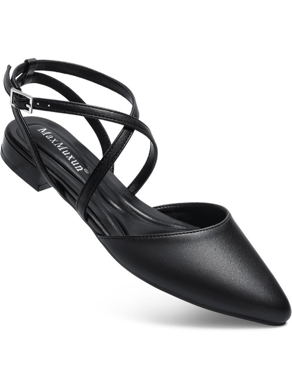 🆕Women's Black Pointed Toe Flats Ankle Strap Low Block Heel Dress Shoes